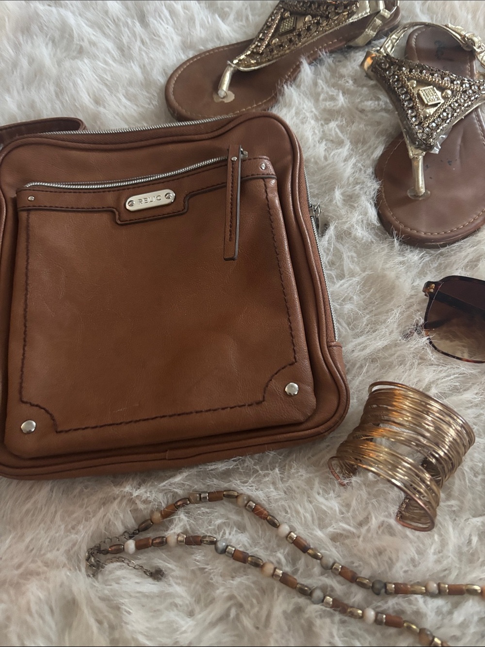 Relic Tan Brown Leather Crossbody Bag with Front Zip Pocket